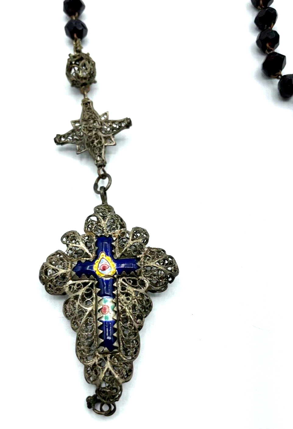 Antik Biedermeier Rosenkranz Filigran + Emaille Granat Perlen teilweise Silber2