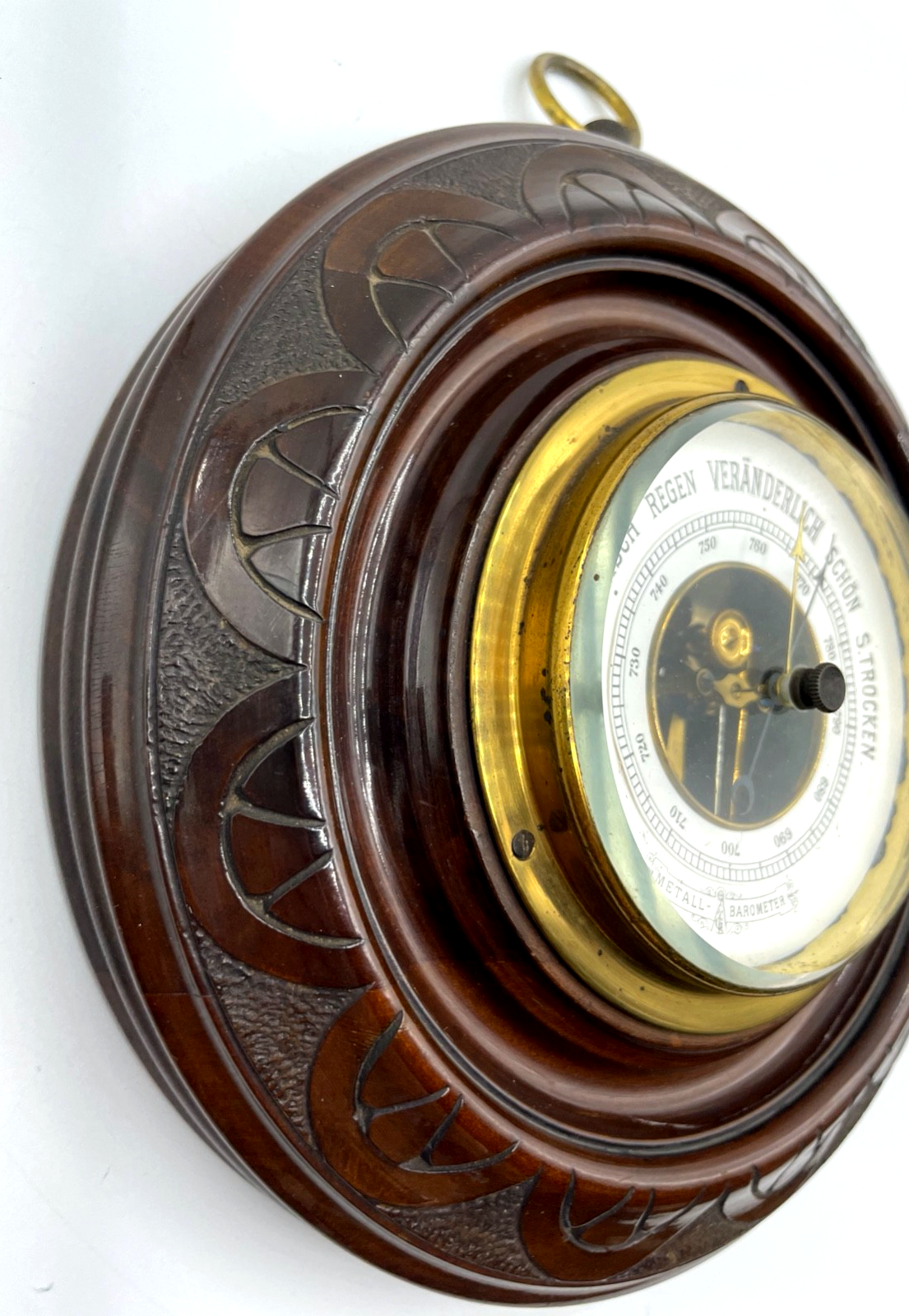Antik Barometer um 1900-1910 funktioniert im Topzustand Ø 18 cm Holzrahmen9