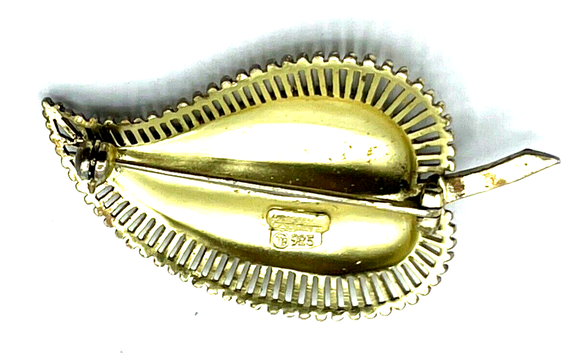 Antik 925 Silber vergoldet TF Theodor Fahrner Brosche Blatt mit Markasiten4