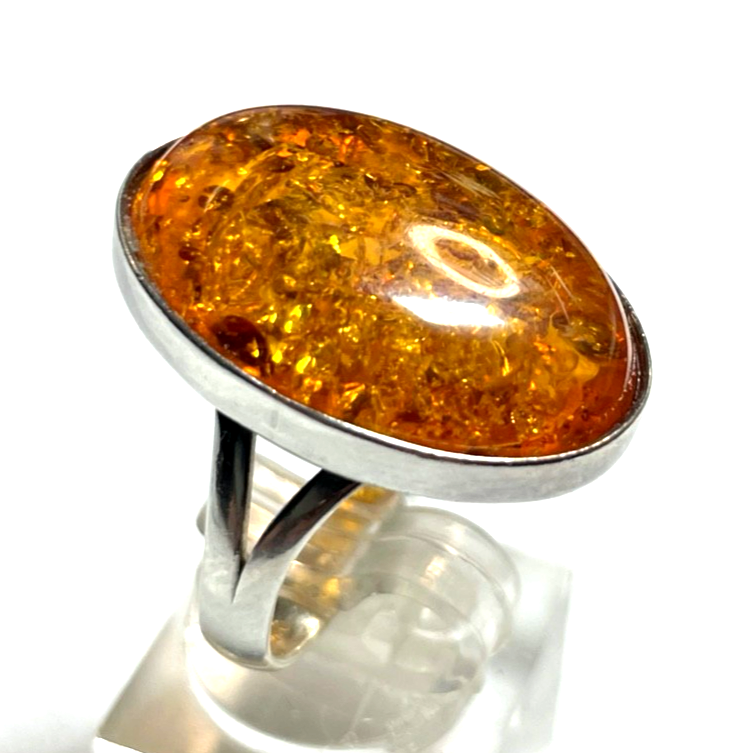 925 Silber Ring ovaler Bernstein Cabochon RG 59 Ø 18,8 solide Qualität gepflegt0