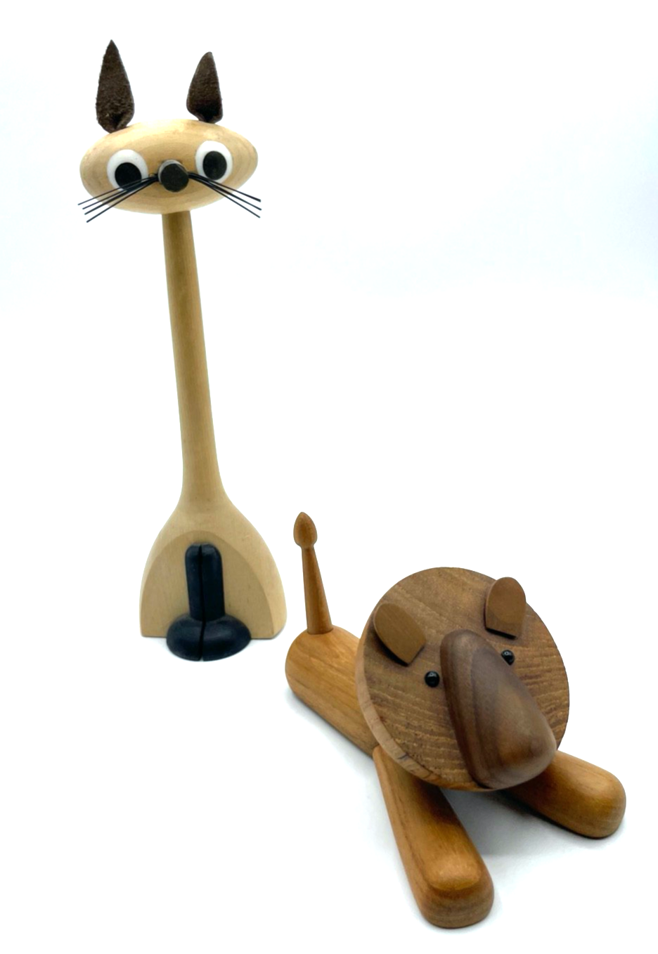 2x vintage Holzspielzeug Katze + Löwe Teakholz Handarbeit Skandinavien Design ?2