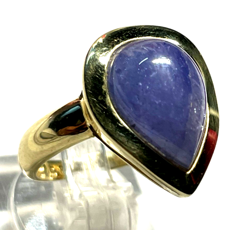 Massiver 585 Gold 14 K BCI Ring Tansanit Cabochon Tropfen RG 57 Ø 18 mm gepflegt0