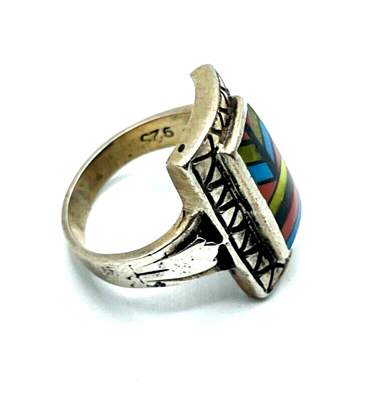 925 Sterling Ring Zuni Indianerschmuck Edelstein Inlay Handarbeit Ø 15 mm RG 475