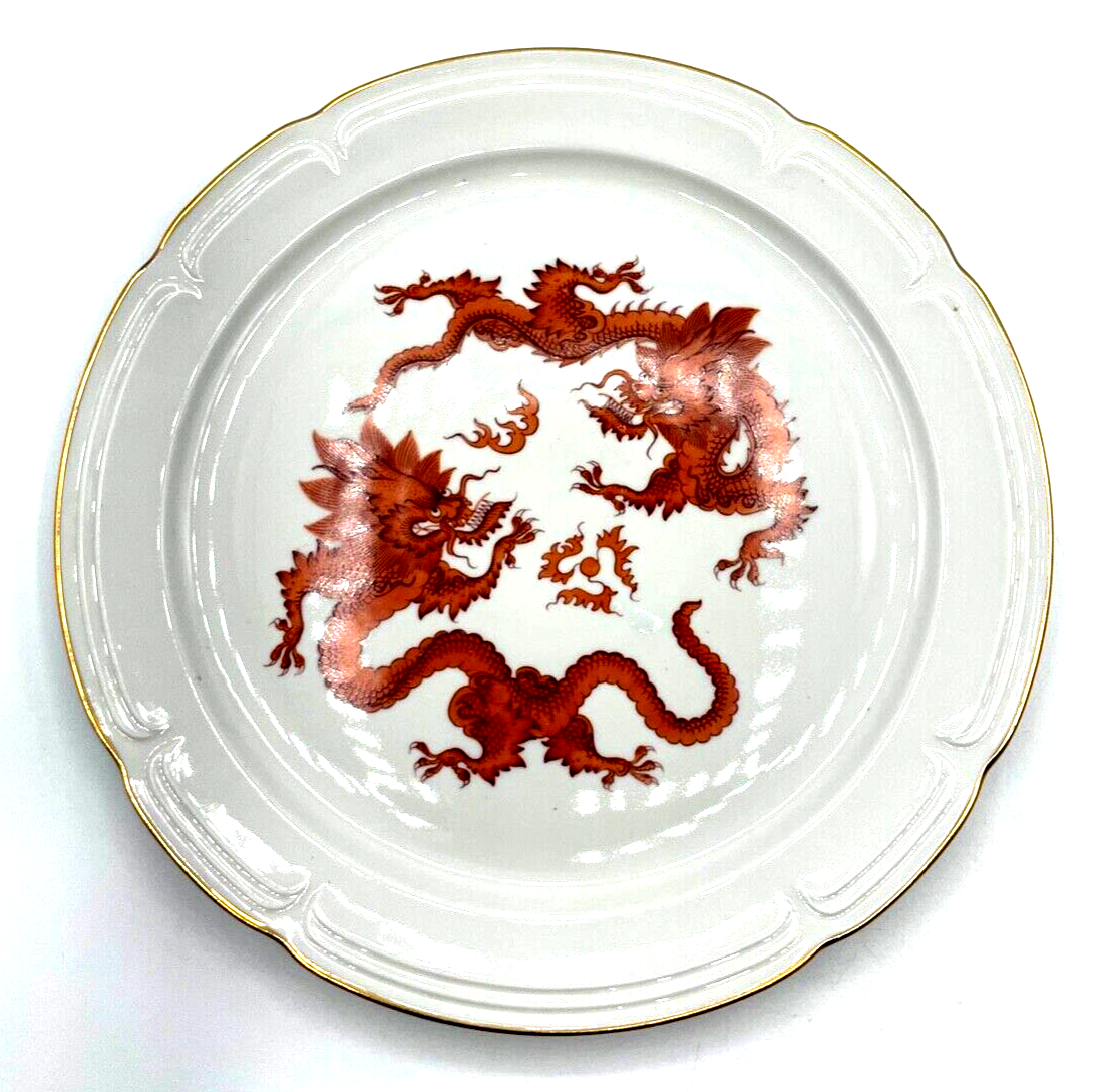 Vintage PGH Porzellan Teller roter Drache handgemalt Goldrand Ø 28,5 cm gepflegt1