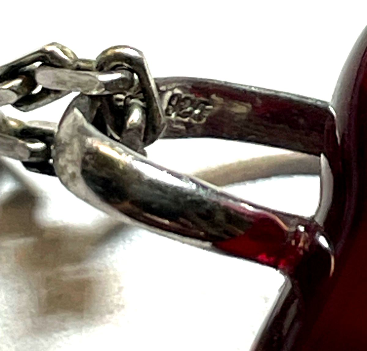 Vintage massiv 925 Silber Gliederkette + roter Design Glas Herz Anhänger gepfl.3