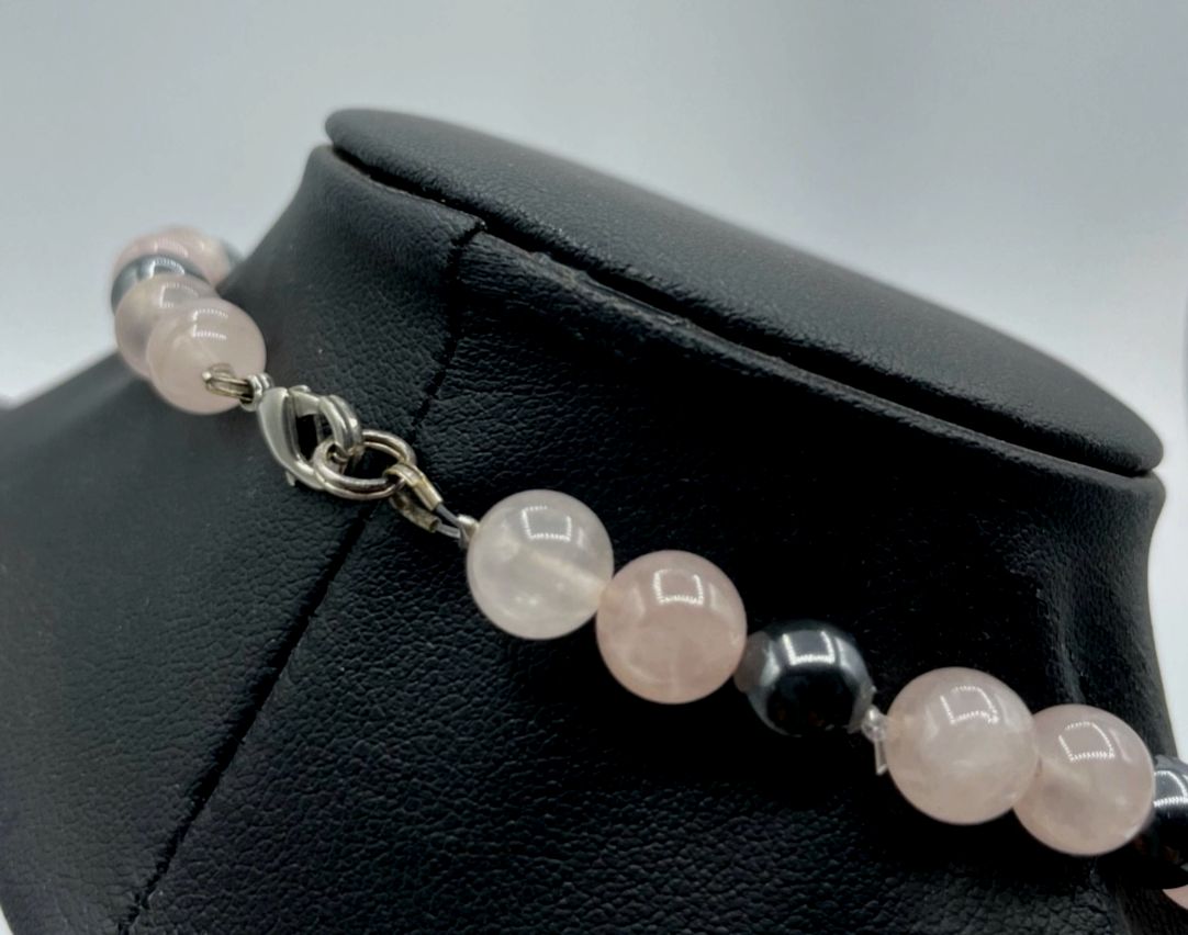 Vintage Rosenquarz + Hämatit Perlen im Mix Halskette L 50 cm sehr gepflegt2