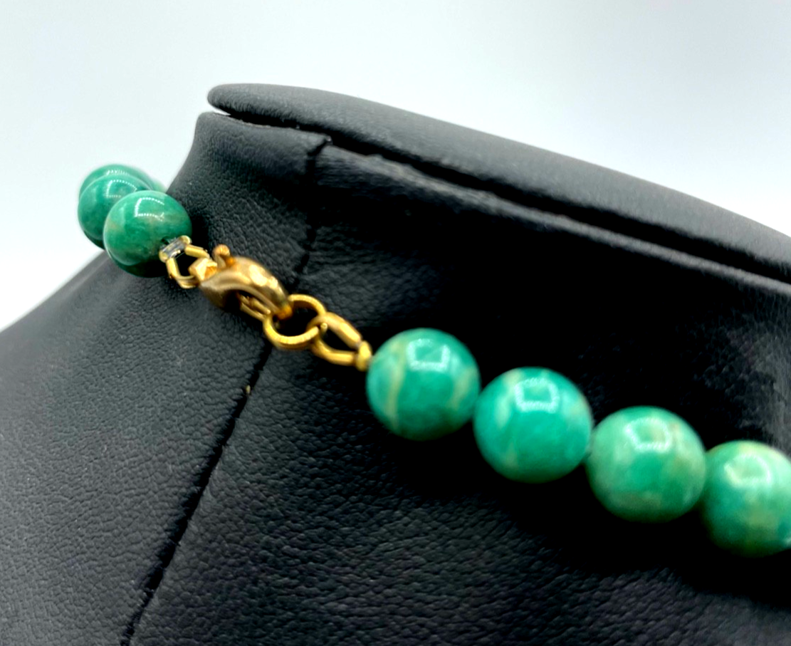 Vintage 51 cm lange Amazonit Kugelkette fortlaufend Ø 8 mm goldfarb. Karabiner2
