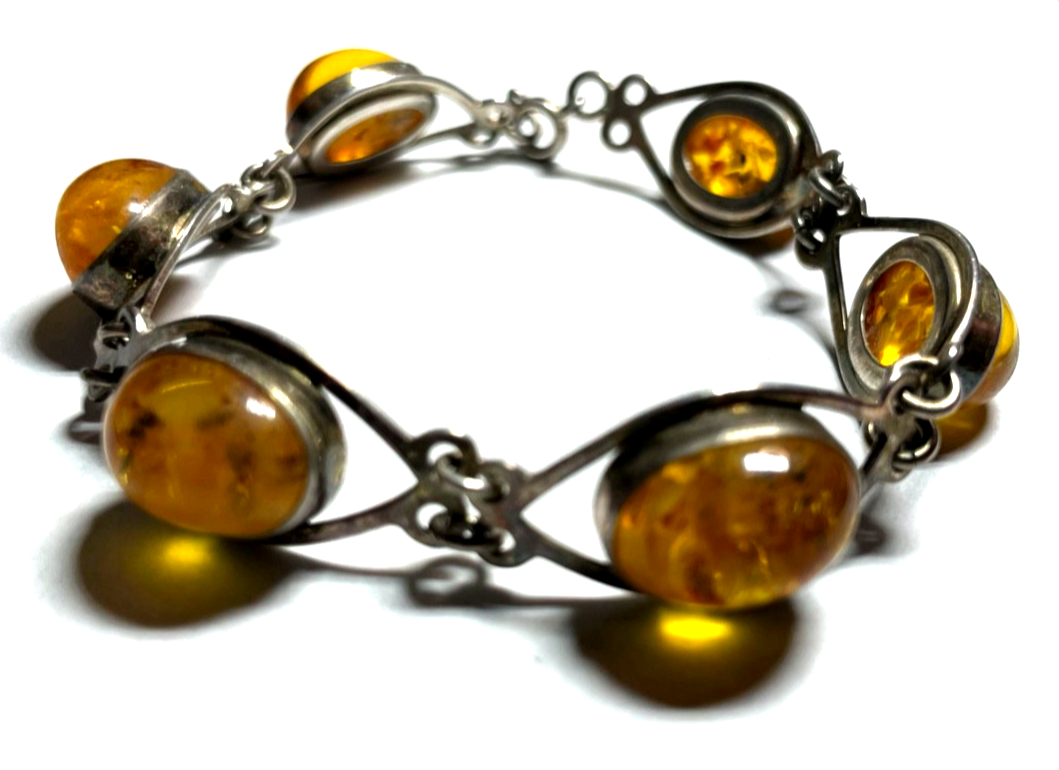 Vintage 835 Silber Fischland Armband mit 6 Bernstein Cabochons L 18,5 cm B  14mm1