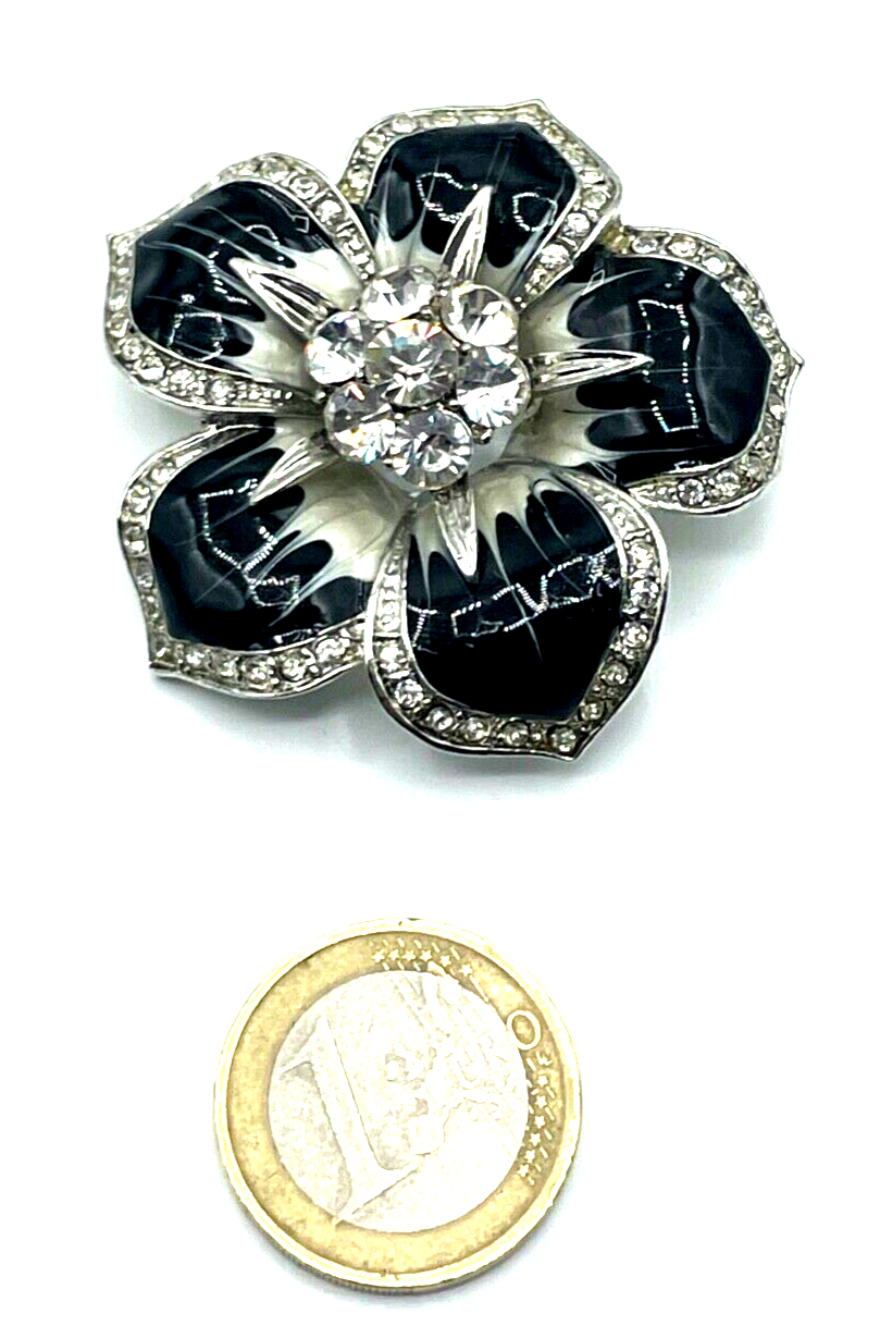 Vintage groß Strass + Emaille glamourös Blüte Brosche Anstecknadel Handarbeit1