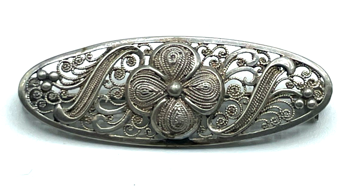 Antik 800 Silber Brosche Anstecknadel florales Durchbruch Dekor Filigransilber0