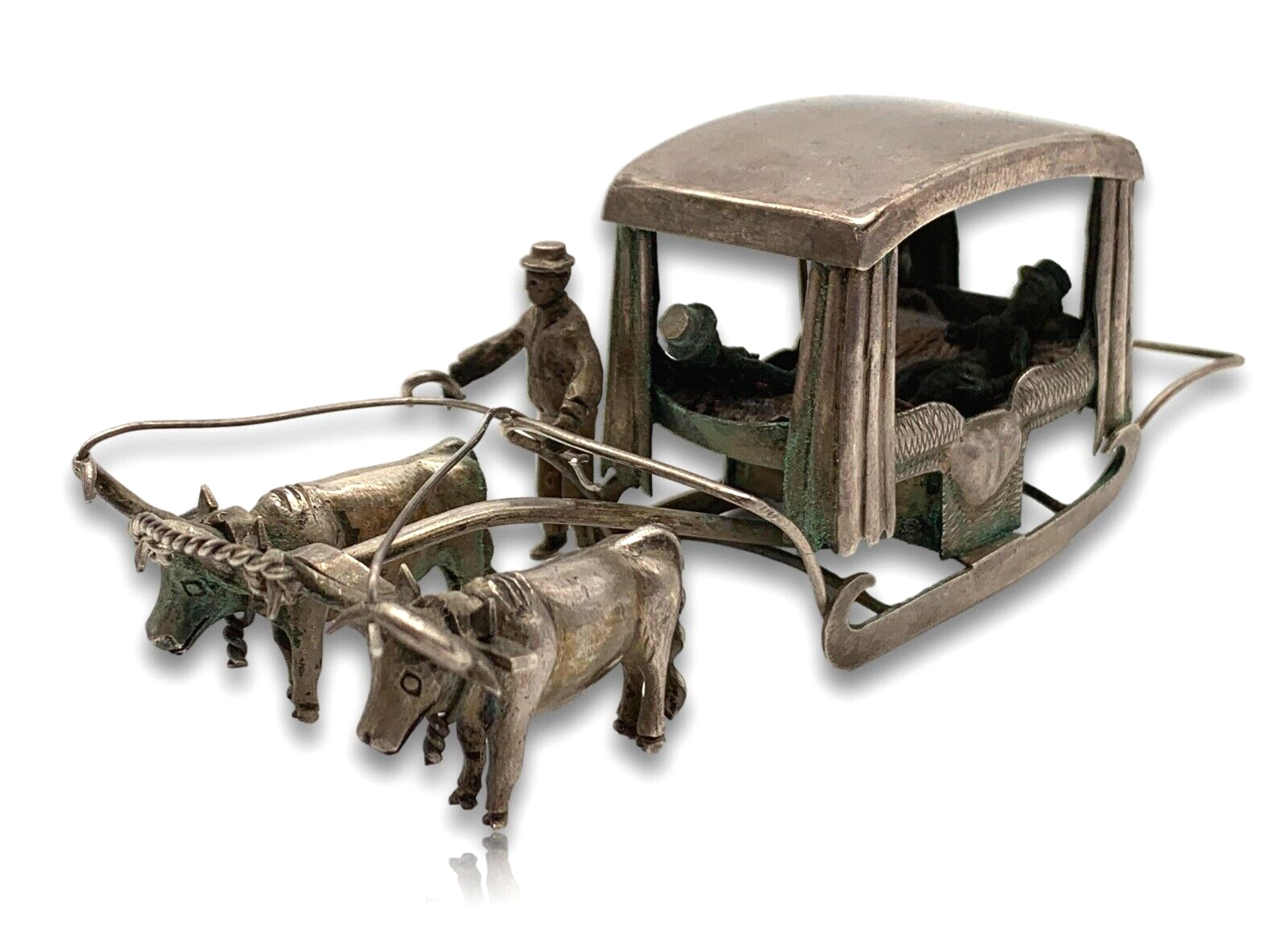 Miniatur Schlitten Stierkutsche Ochsen Schlittenfahrt Silber -  Niederlande 19000