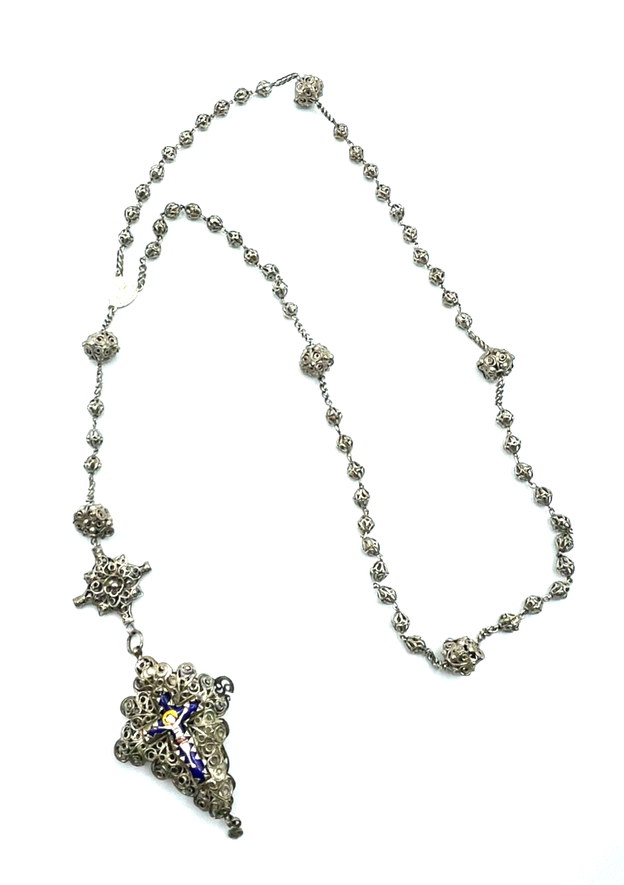 Antik Biedermeier Rosenkranz Filigran + Emaille Kreuz Perlen Filigransilber  A1