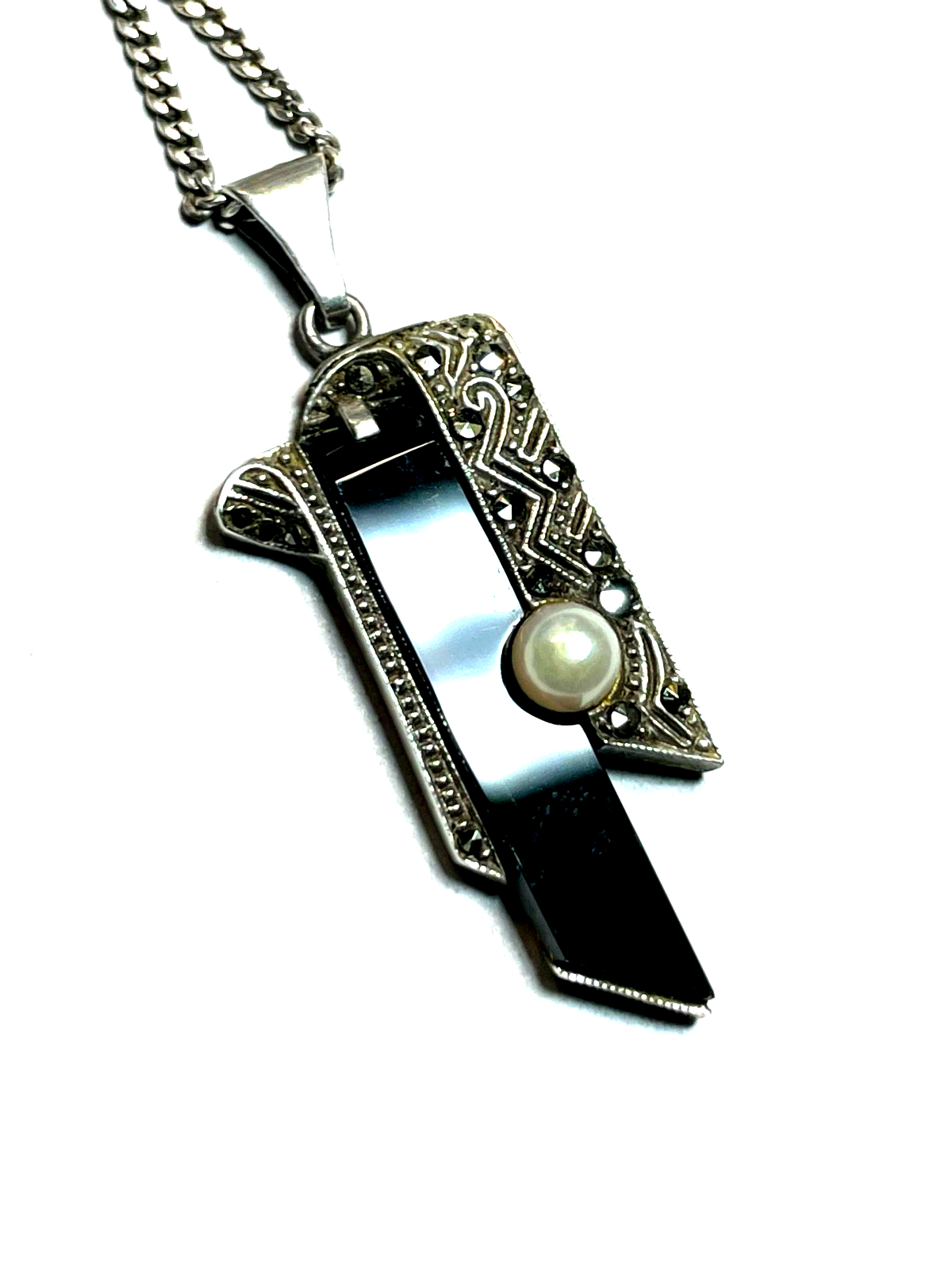 Antik Art Déco 835 Silber Anhänger Onyx Perle Markasiten + 45 cm FBM Panzerkette0