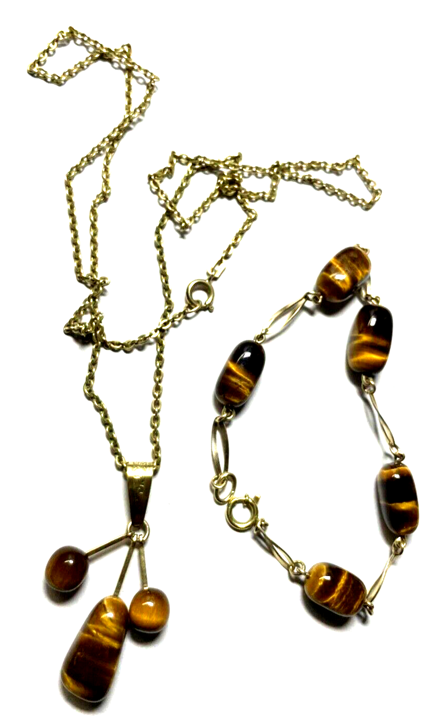 Vintage Amerikaner Gold Double Kette Anhänger Armband mit Tigerauge schönes Set1
