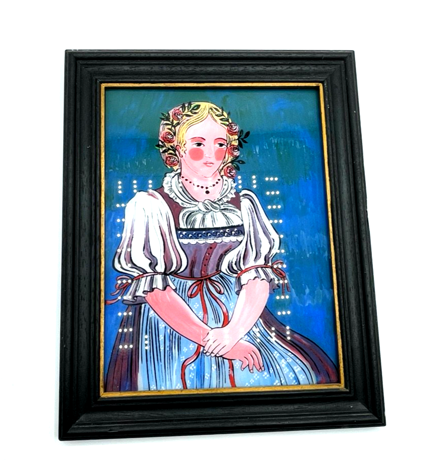 Vintage Hinterglasmalerei Hinterglasbild Mädchen in Tracht gerahmt 29 x 23 cm0