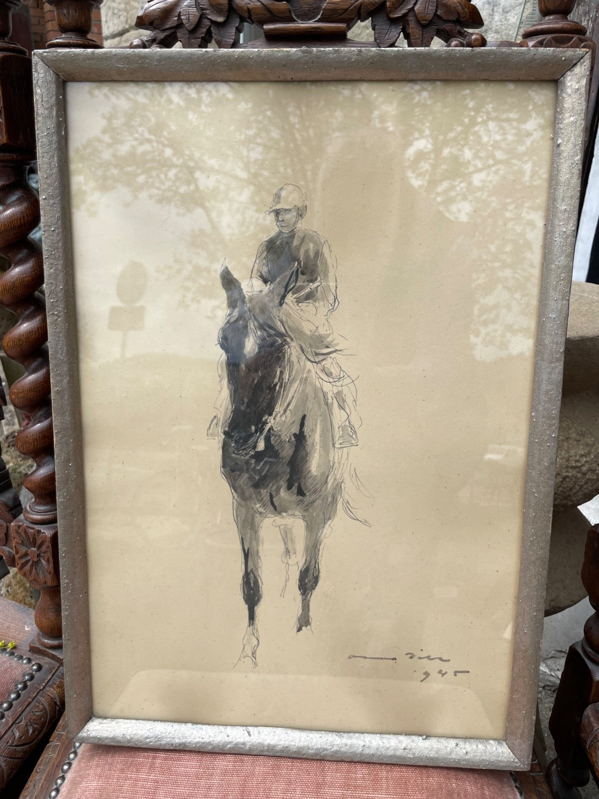 Otto Dill lavierte Tusche Zeichnung Pferd mit Jockey 1945 gerahmt  49 x 34,5 cm0
