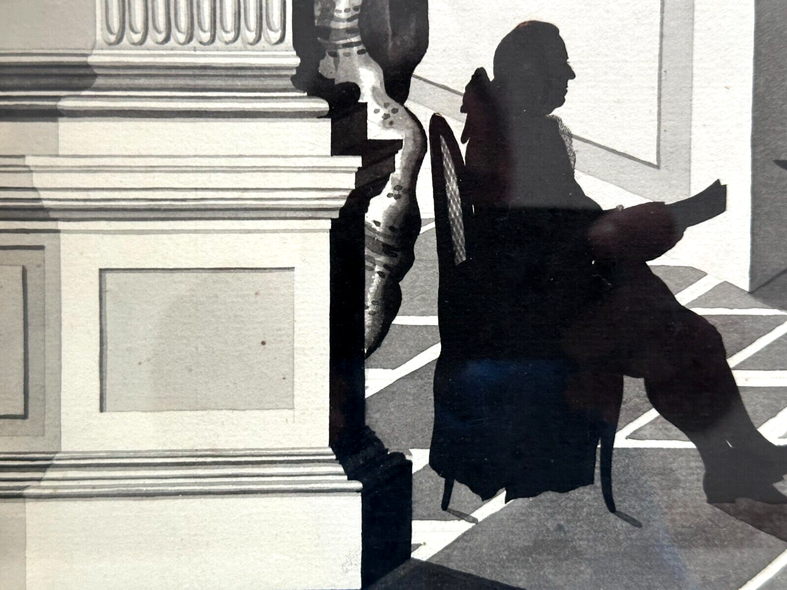 Mischtechnik auf Papier - klassizistisches Bühnenbild 1786 mit Silhouette - bez.1