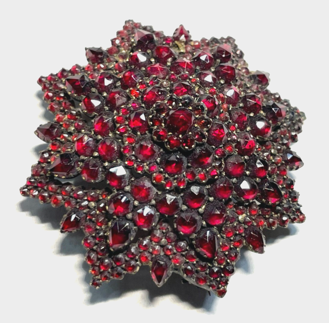 Antik attraktive Granat Brosche vor 1900 Silber vergoldet Ø 45 mm ungereinigt0