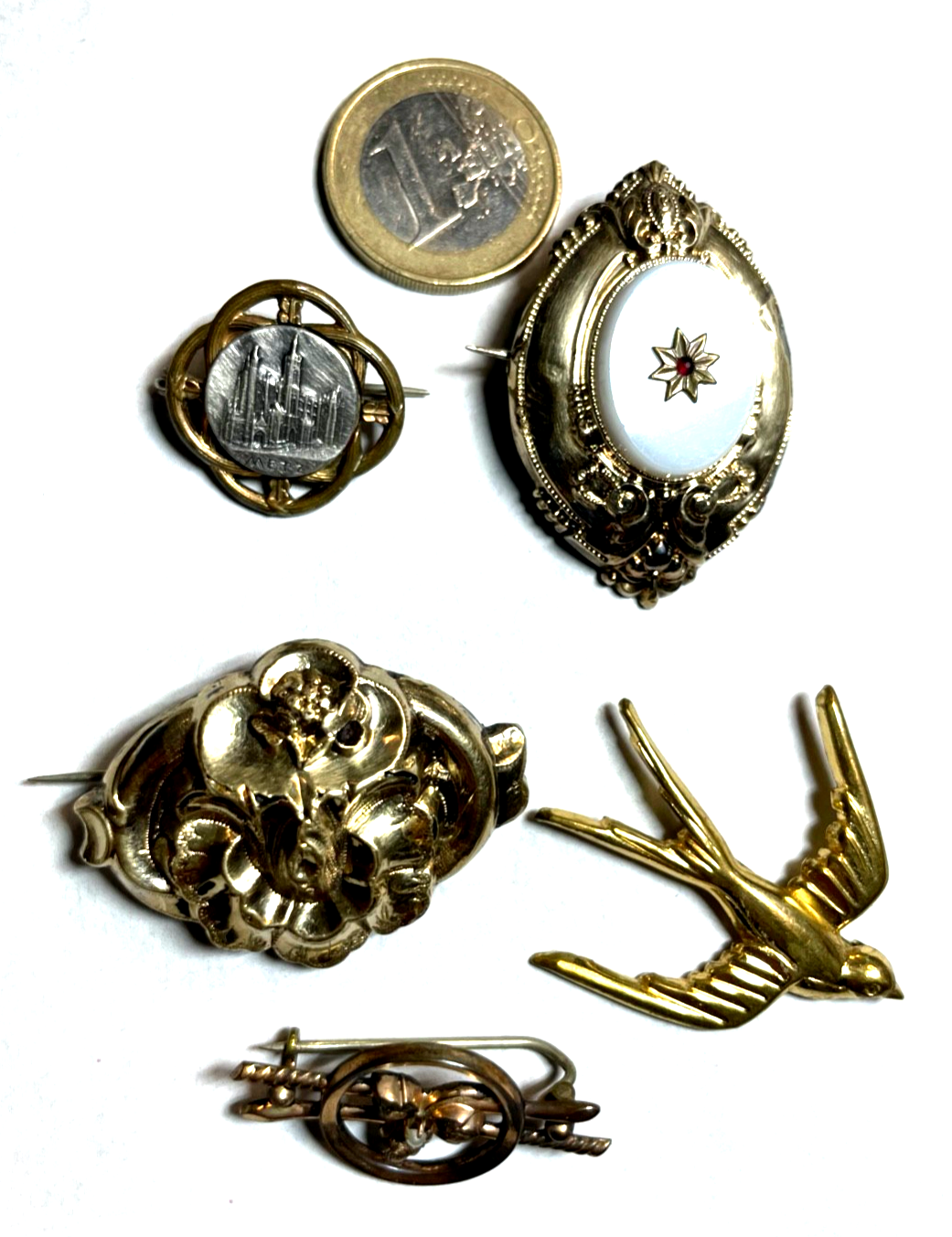 Konvolut 5 x antik Schmuck Brosche Anhänger Golddouble1