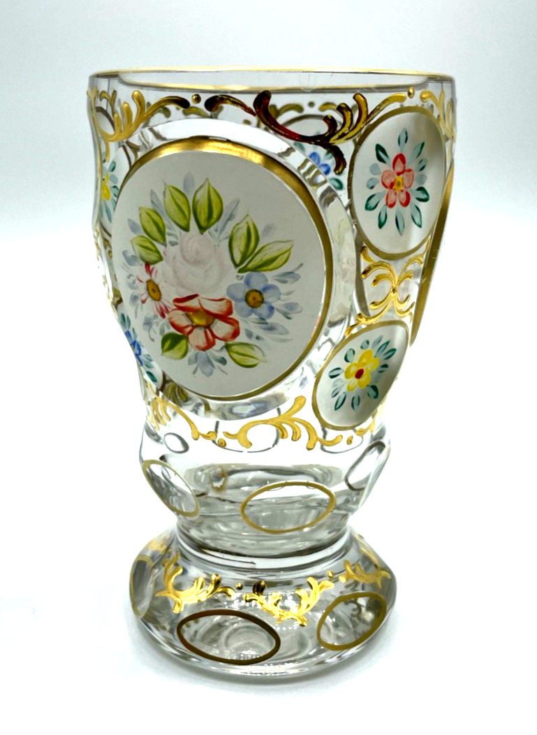 Antik Pokal Glas Becher handbemalt Ranftbecher Blumen Gold Dekor0