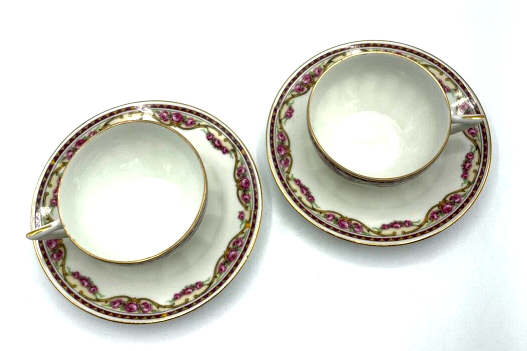 2x antik Porzellan Tasse + Unterteller Lamotte France Motiv Rose Ranke 30erJ rar1