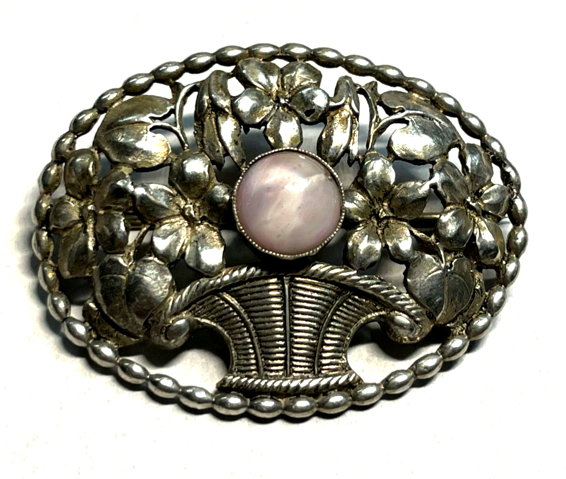 Antik 830 Silber Brosche Jugendstil Blumenkorb Handarbeit rosa Achat Cabochon0