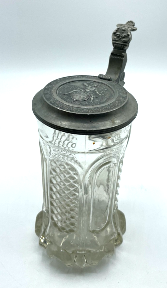 Gepflegter antik Pressglas Bierkrug Weinkrug Zinndeckel Bacchus Motiv 0,4 ltd.9