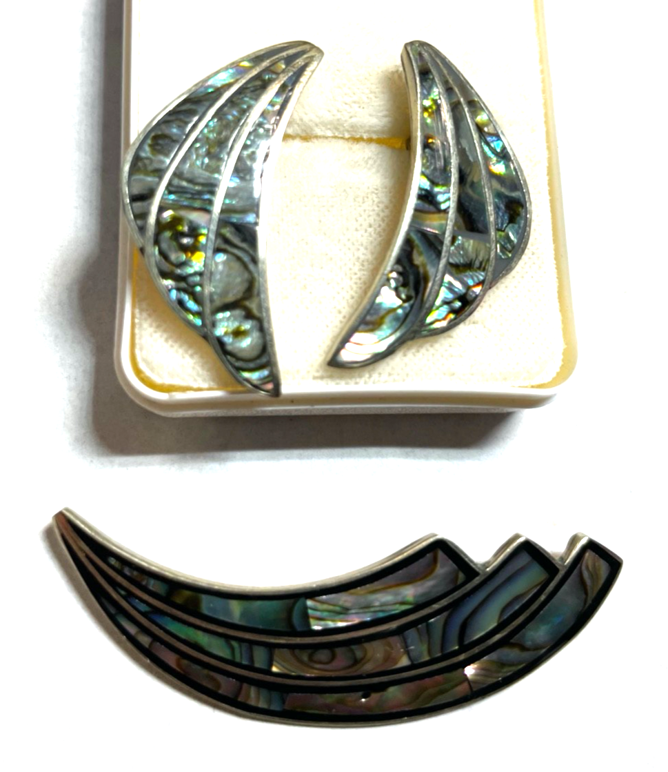 Vintage Set Ohrstecker + Brosche Mexiko Alpacca mit Abalone Paua Muschel Einlage0