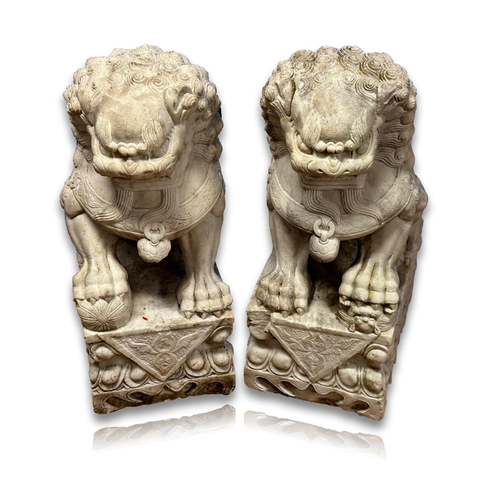 Paar Wächterlöwen - Foo-Hunde Skulptur - China 20. Jhd - weißer Marmor0