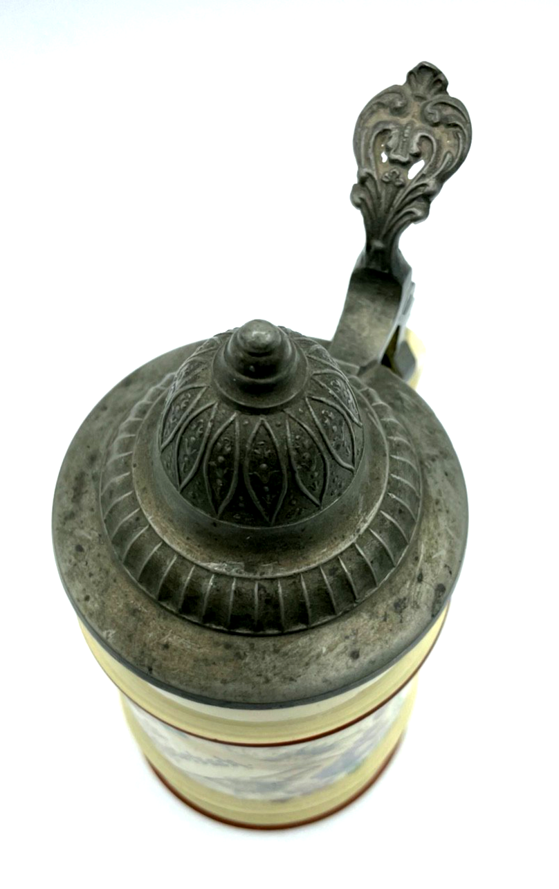 Antik Porzellan Bierkrug mit Zinn Deckel Bier Seidel um 1900 Gruß aus Haiterbach3