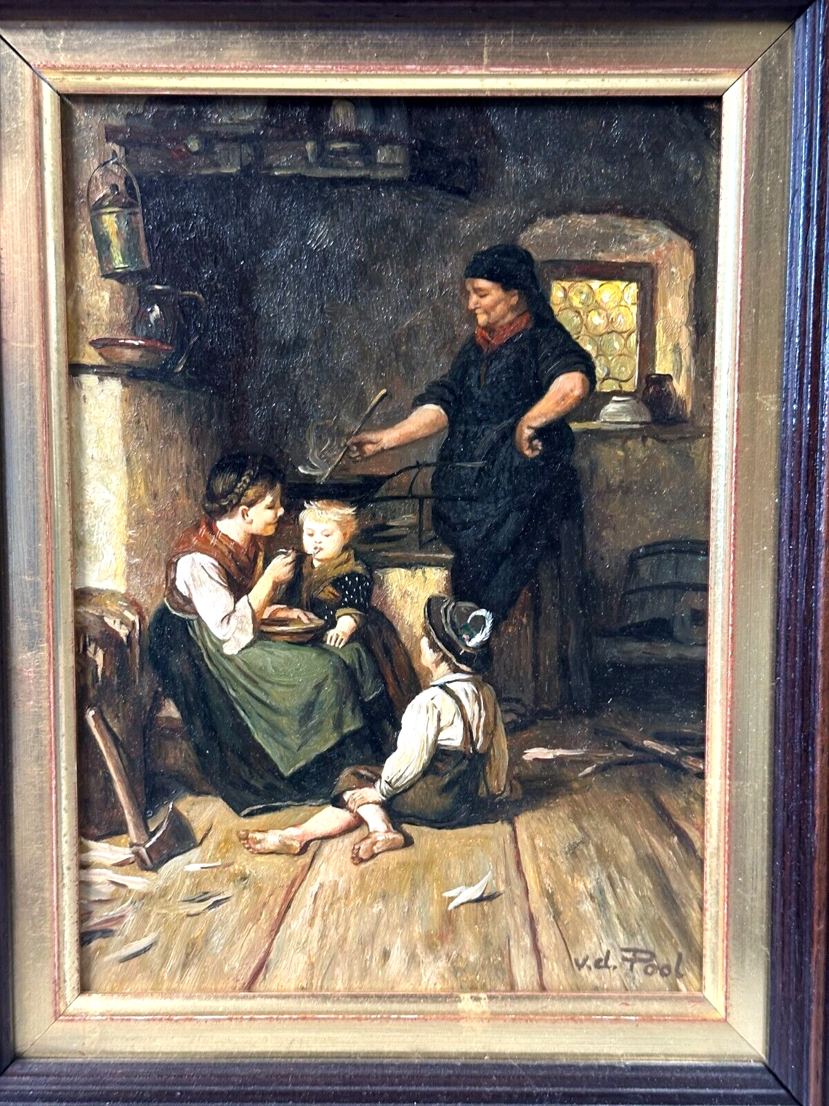 Öl auf Holz - Van der Pool - Genre Malerei - Signiert - Gerahmt - Küche mit Frau1