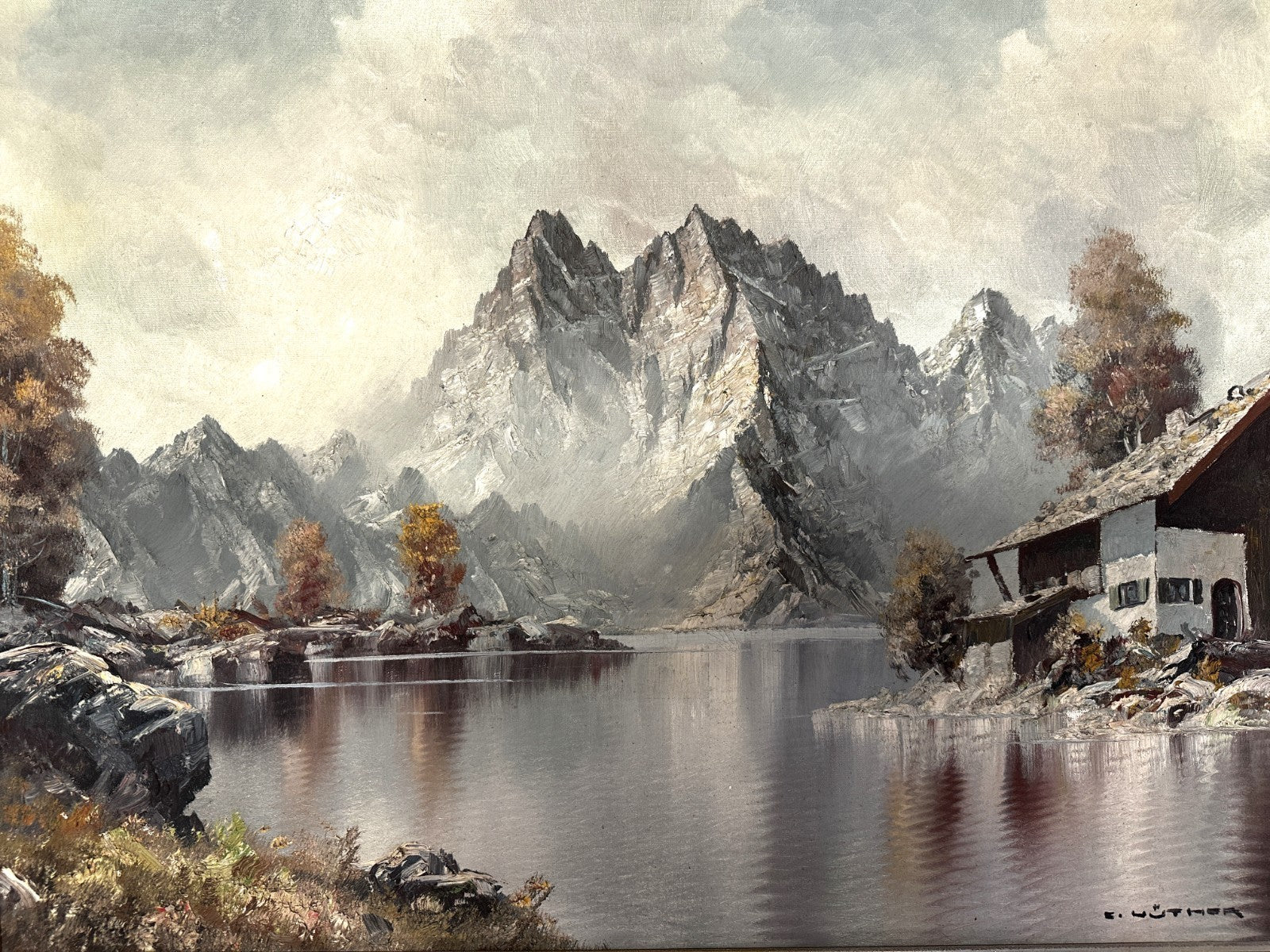 Elsbeth Huther - Öl auf Leinwand - Alpen Bergsee Almhütte - signiert - gerahmt1