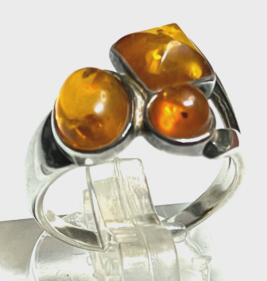 Aparter 925 Silber Ring 3 x Bernstein Cabochon RG 51 Ø 16,2 mm gepflegt2