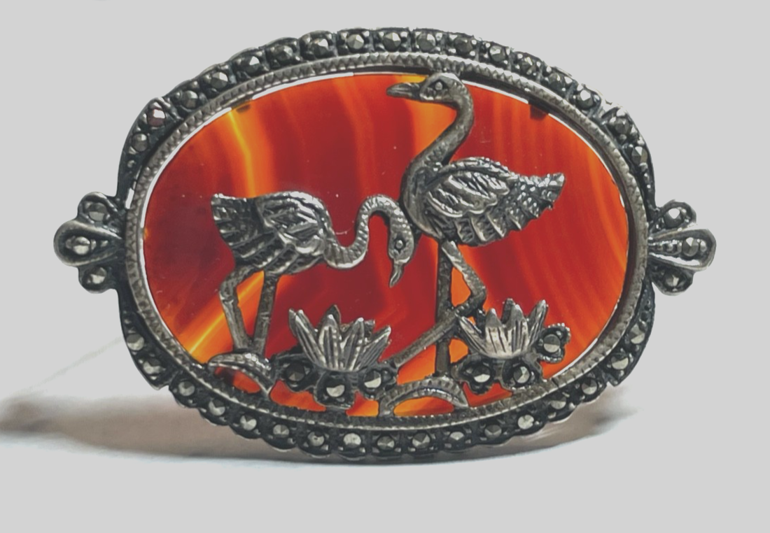 Antik Silber Brosche Anstecknadel Streifenachat Kraniche Markasiten Art Déco4