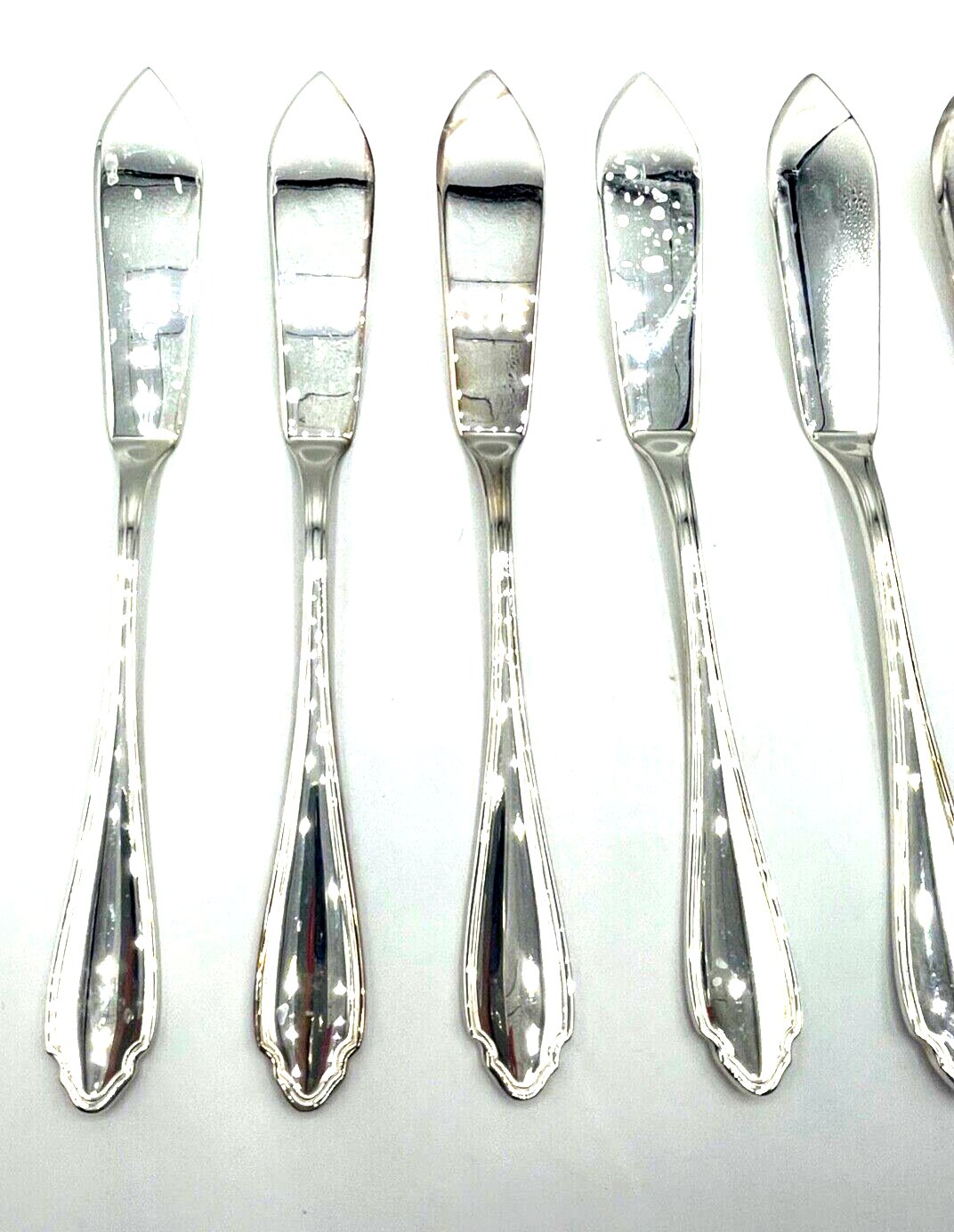 6 x Fischmesser Chippendale J. Grimminger Schwäbisch-Gmünd 90 Silberauflage gepf1