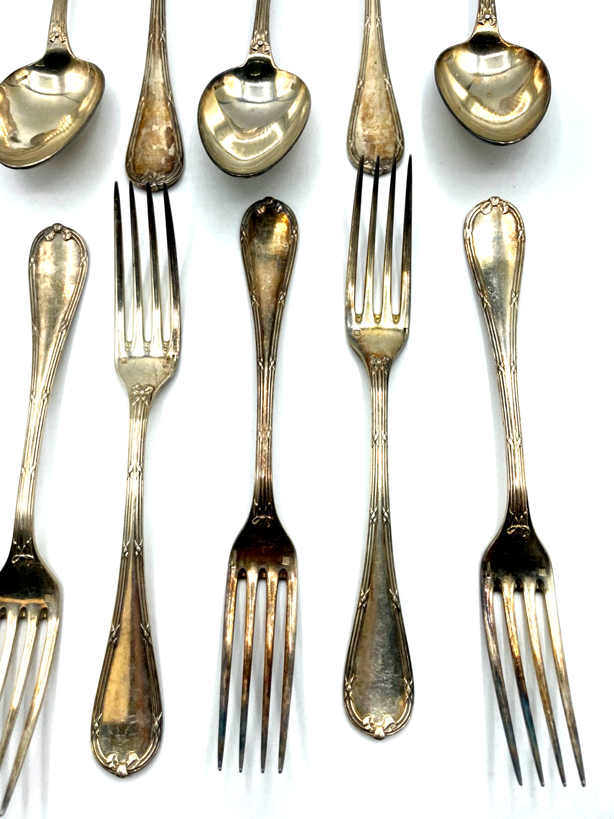 Antik Christofle 6 Gabeln 6 Löffel Rubans Kreuzband Muster versilbert rar2