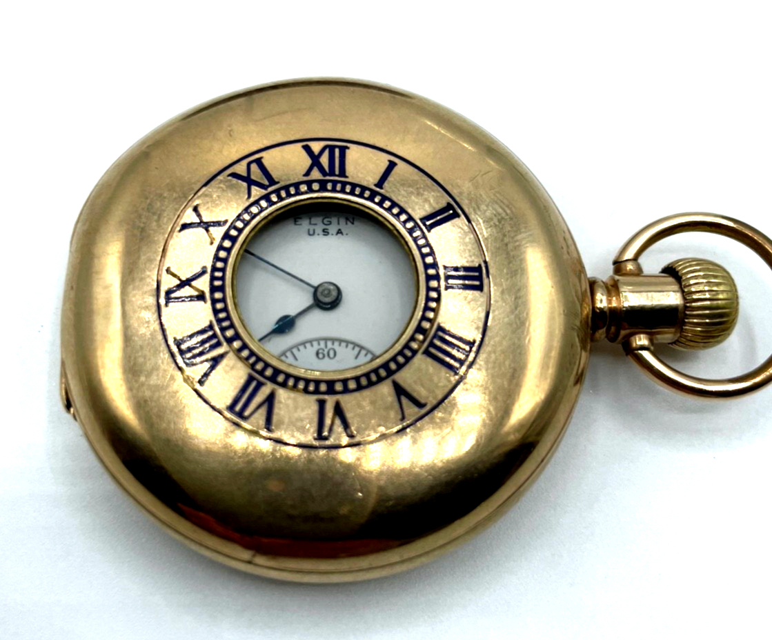 Antik HTU Herren Taschenuhr Elgin USA Golddouble + Glassturz TU Ständer läuft3