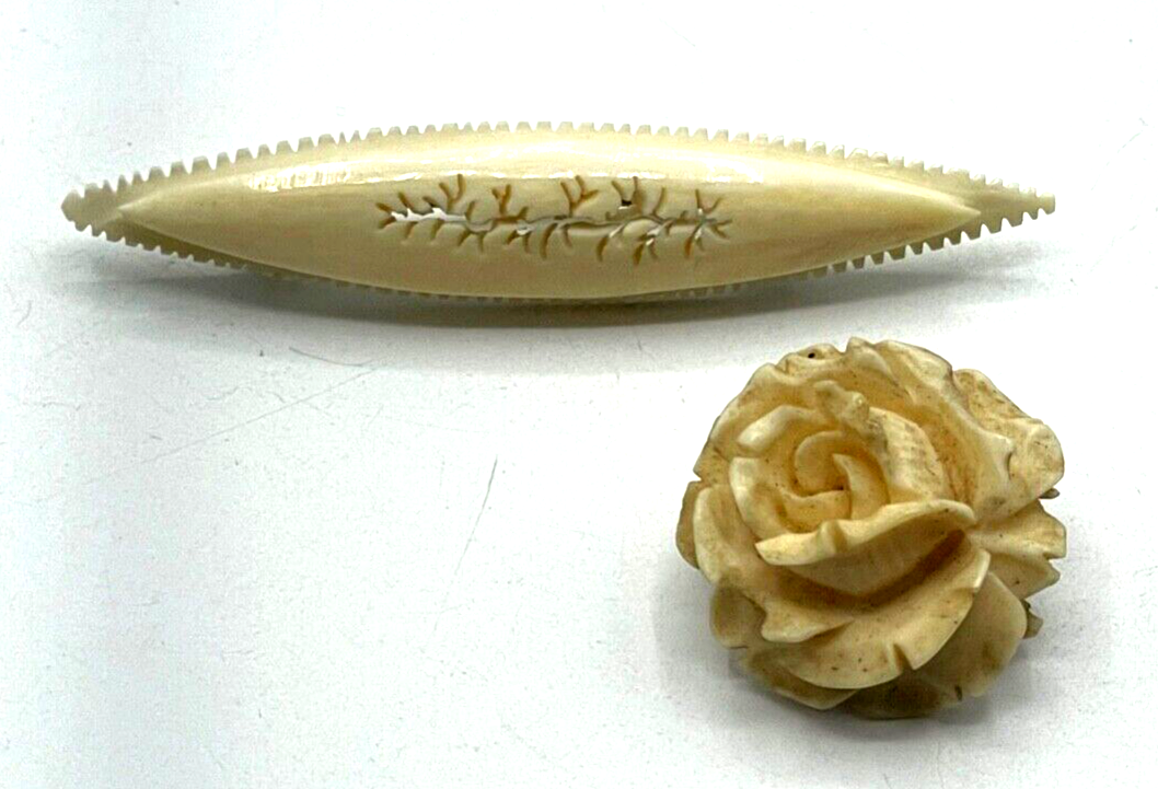 2 x antik Brosche Bein Anstecknadel handgeschnitzt no Ivory!!! Rose Stabbrosche5