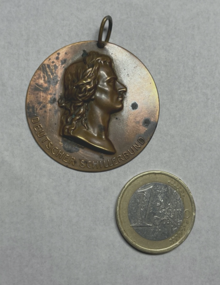 Antik Friedrich von Schiller Plakette Medaille Anhänger Kupfer Blech um 19054