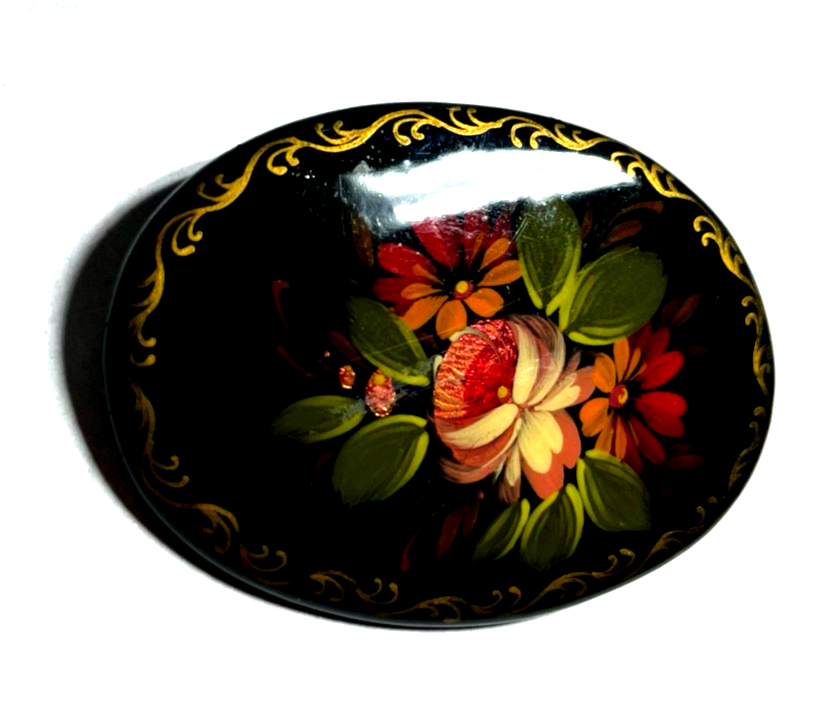 Vintage handgemalt oval Lack Brosche Lackmalerei Blumenbukett sign. Handarbeit2