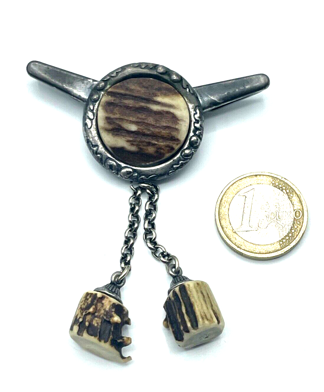 Vintage Modeschmuck Tracht Landhaus Kragenclip Kragenklammer Horn Einlage unisex1