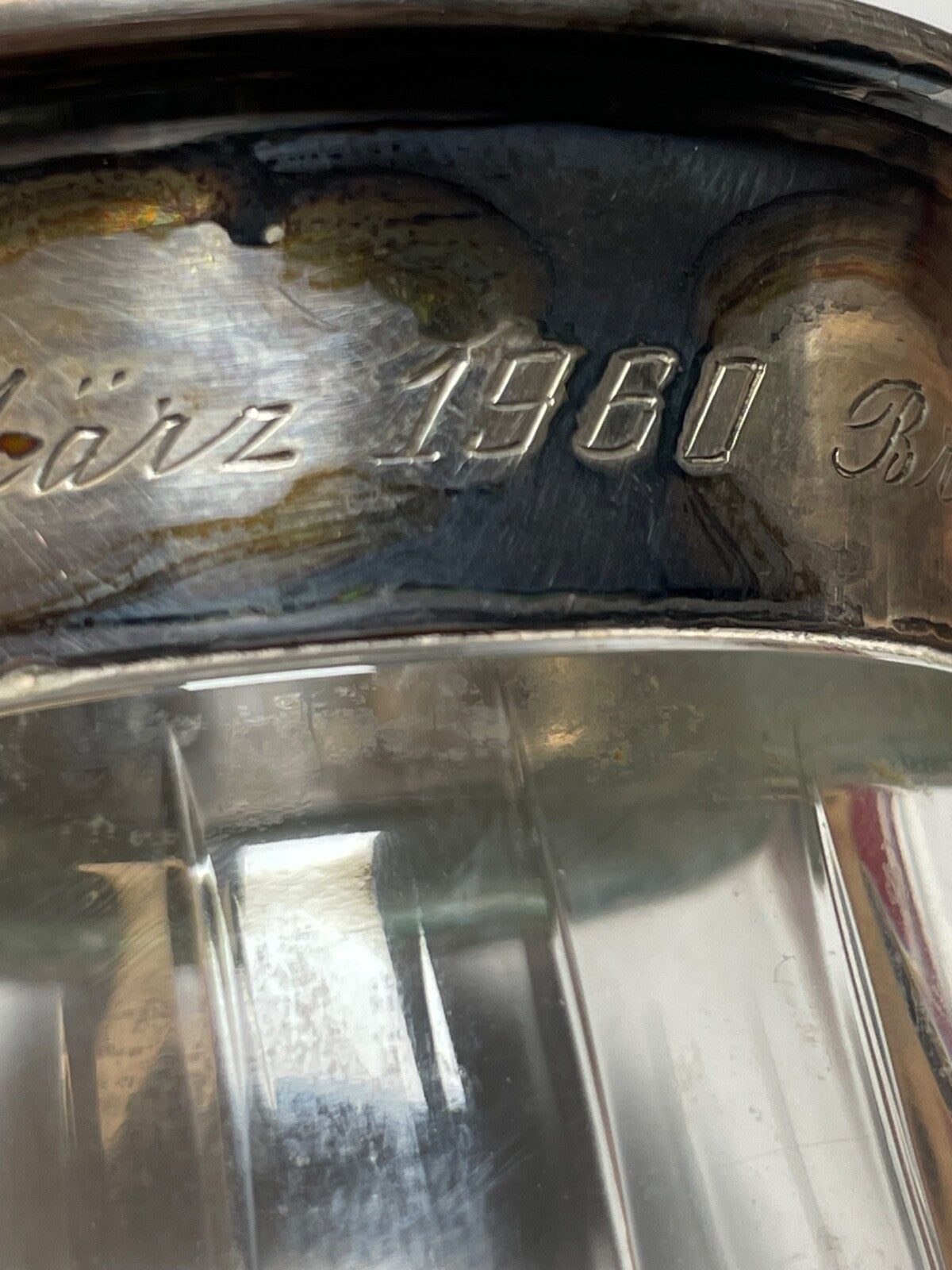 Schwere Bleikristall Kristallglas Vase mit 835 Silber Rand und Punze 1960 H19cm9