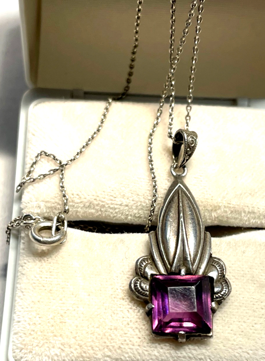 Original 800 Silber Art Déco Amethyst Anhänger an feiner Silberkette 46 cm lang0