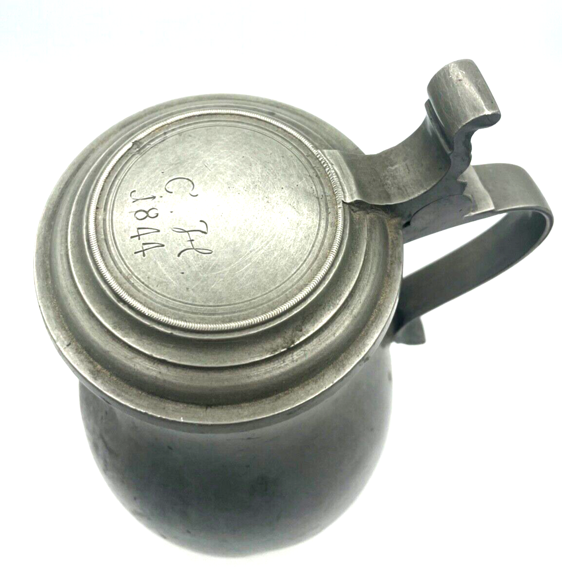 Antik riesiger Zinn Krug Deckel Gravur C. H. 1844 Weinkrug Bierkrug Handarbeit2