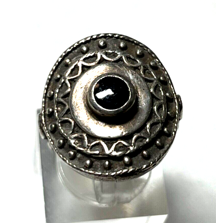 Solider 925 Silber Ring Onyx Cabochon vintage Handarbeit RG 53 Ø 16,8 mm Ethno1