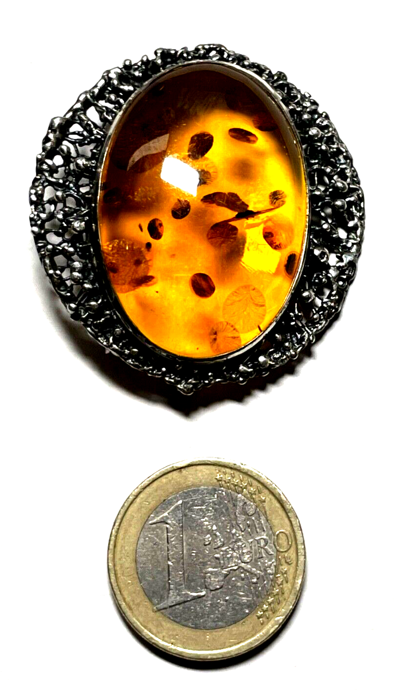 925 Silber Brosche Designer Anstecknadel / Anhänger Bernstein Cabochon Inklusen1