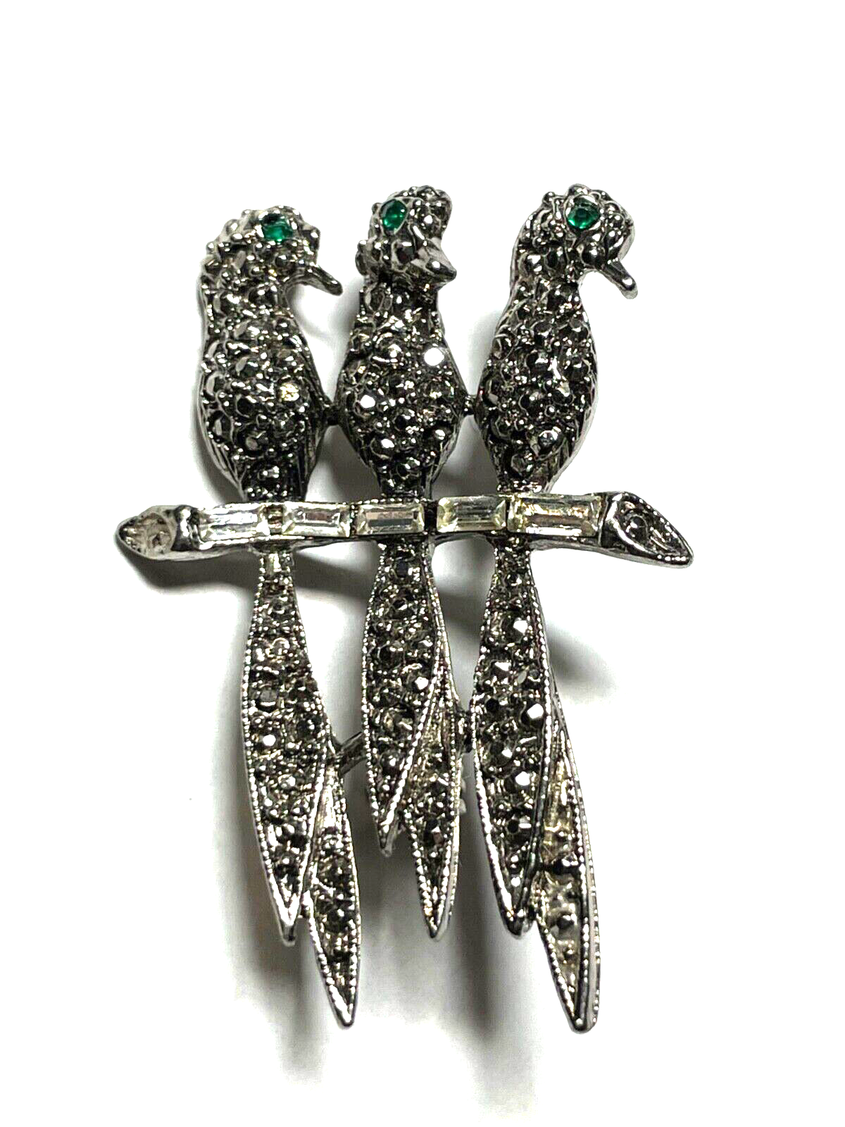 Vintage Brosche Anstecknadel elegantes Design 3 Vögel wie neu grüne Augen3