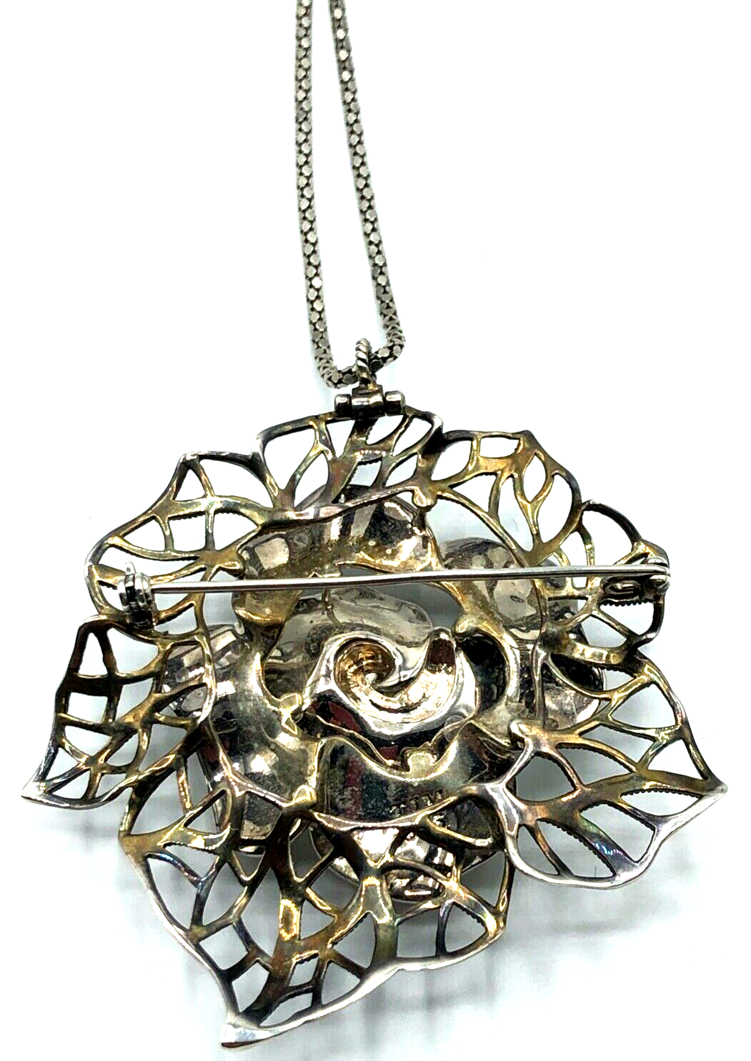 Mega TJM 925 Silber Anhänger Brosche Rose Markasiten Zirkonia + Kette Handarbeit5
