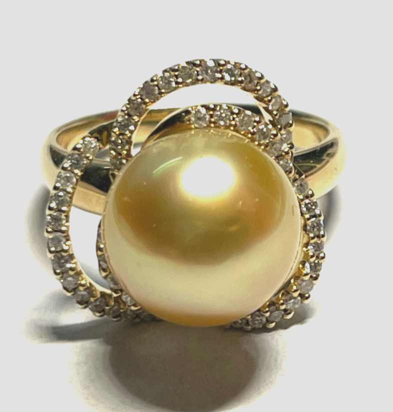 Elegant 585 Gold 14 K Ring Tahiti Perle Ø 12mm 40 Pavé Diamanten Ø 17,5mm RG 556