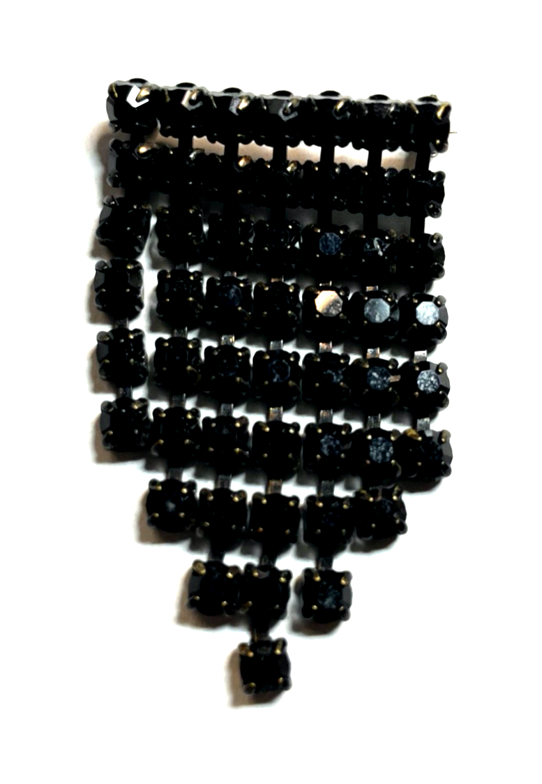 Antik Trauerschmuck bewegliche Brosche schwarzes Glas H 55 B 31 mm gepfl.0
